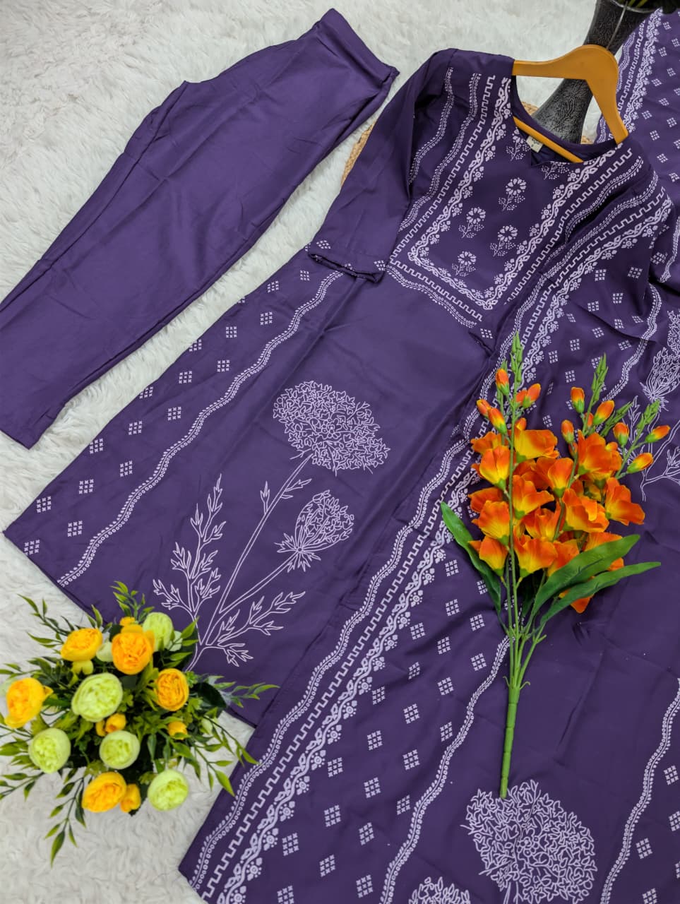 Purple Hand Printed Muslin Kurta Set Women for Women