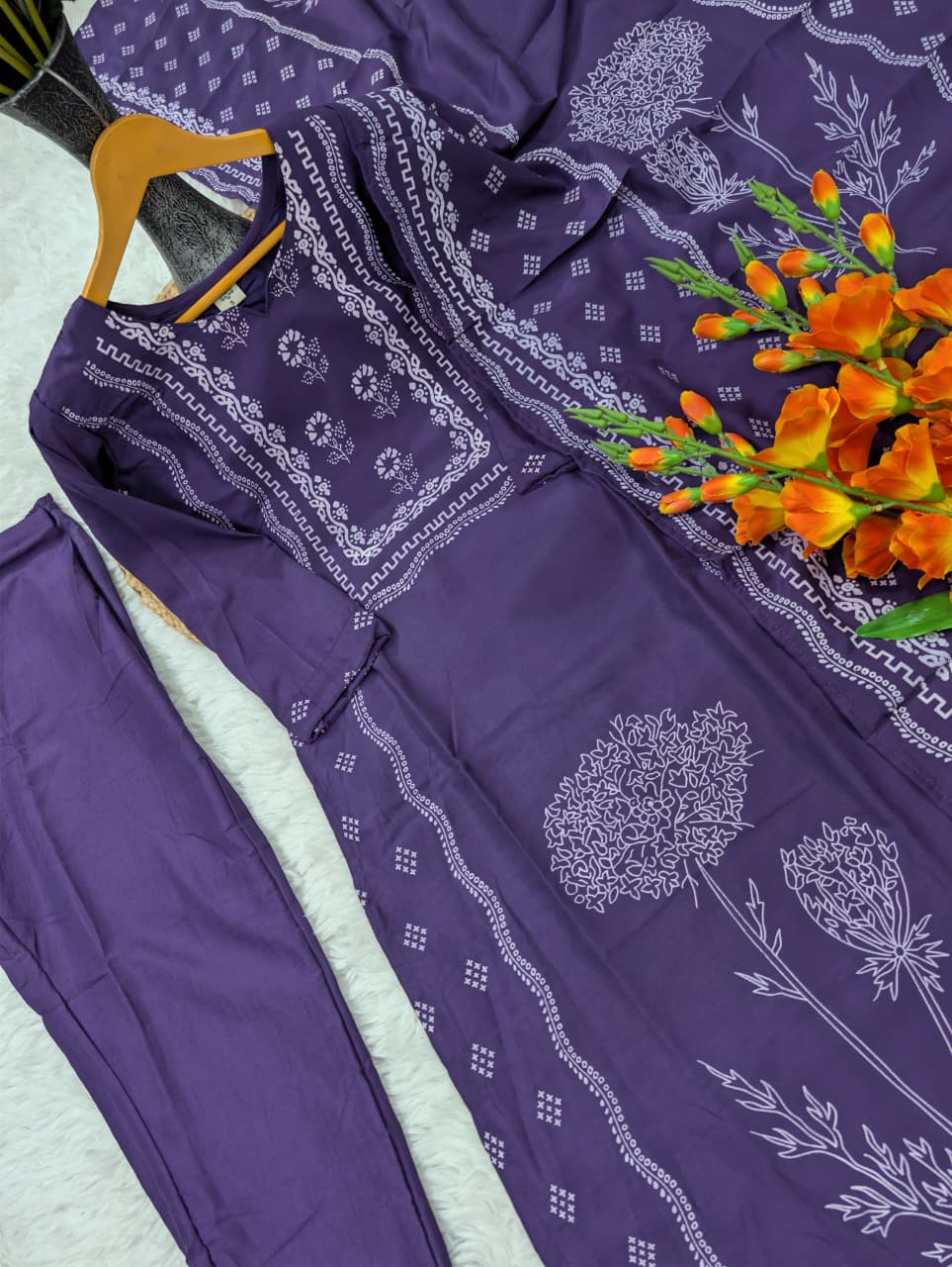 Purple Hand Printed Muslin Kurta Set Women for Women