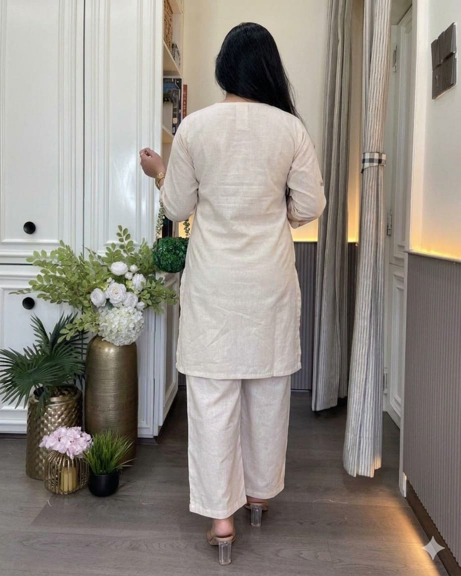 Ivory Floral Linen Cotton Co-Ord Set from for Women