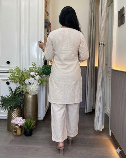 Ivory Floral Linen Cotton Co-Ord Set from for Women