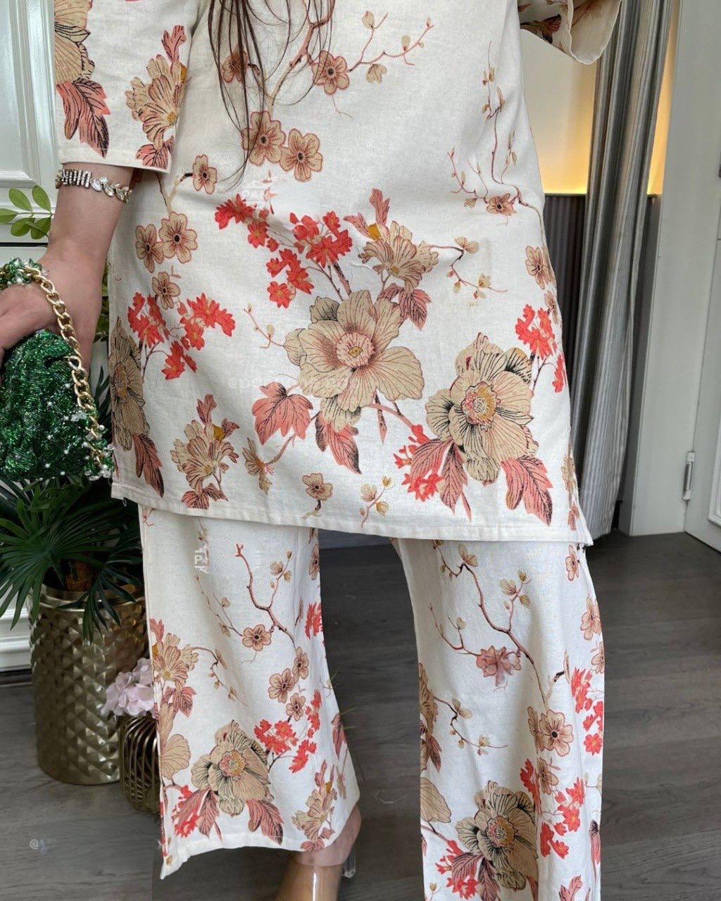 Ivory Floral Linen Cotton Co-Ord Set from for Women