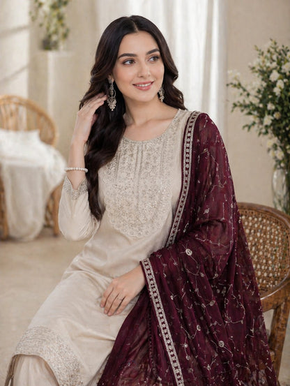 Elegant Beige Vichitra Silk Embroidered Kurta Set for Women