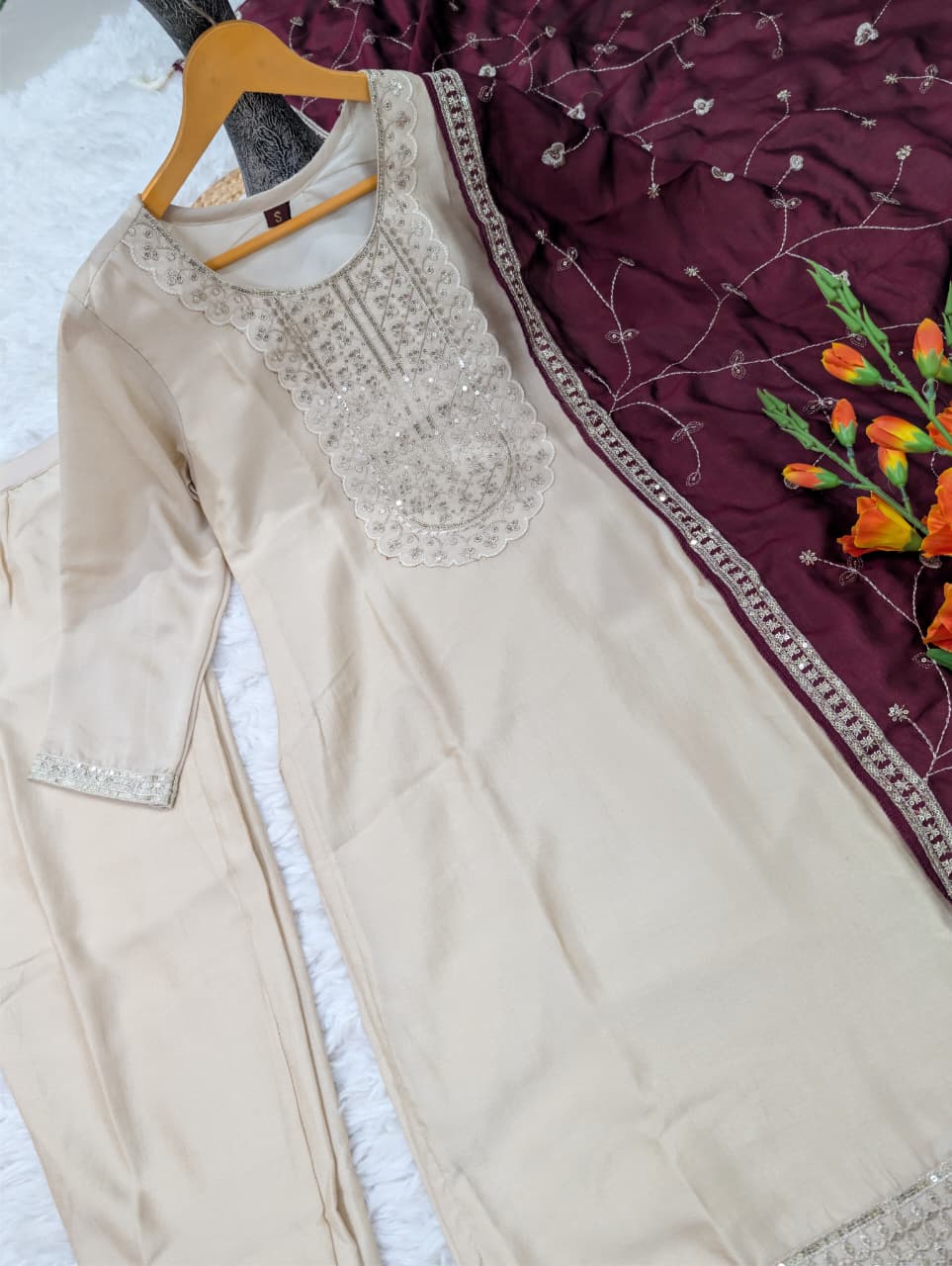 Elegant Beige Vichitra Silk Embroidered Kurta Set for Women