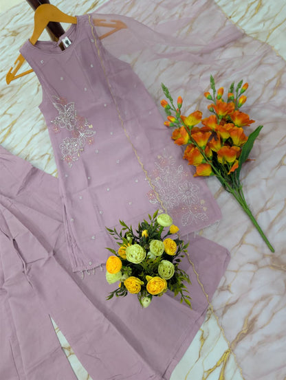 Mauve Crunchy Silk Embroidered Kurti Palazzo Set for Women