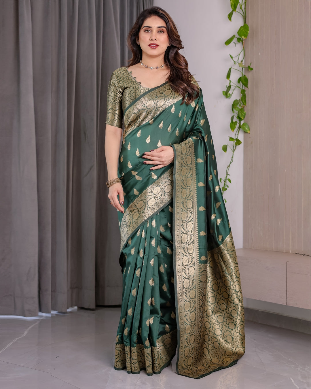 reen Banarasi Soft Silk Saree with Floral Zari Borders for Women