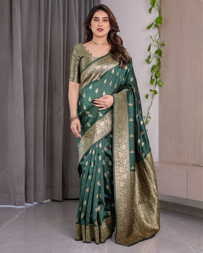 reen Banarasi Soft Silk Saree with Floral Zari Borders for Women