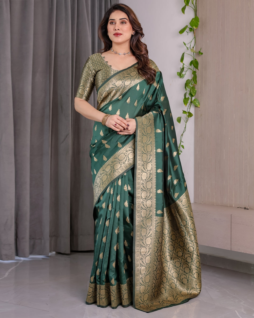 reen Banarasi Soft Silk Saree with Floral Zari Borders for Women