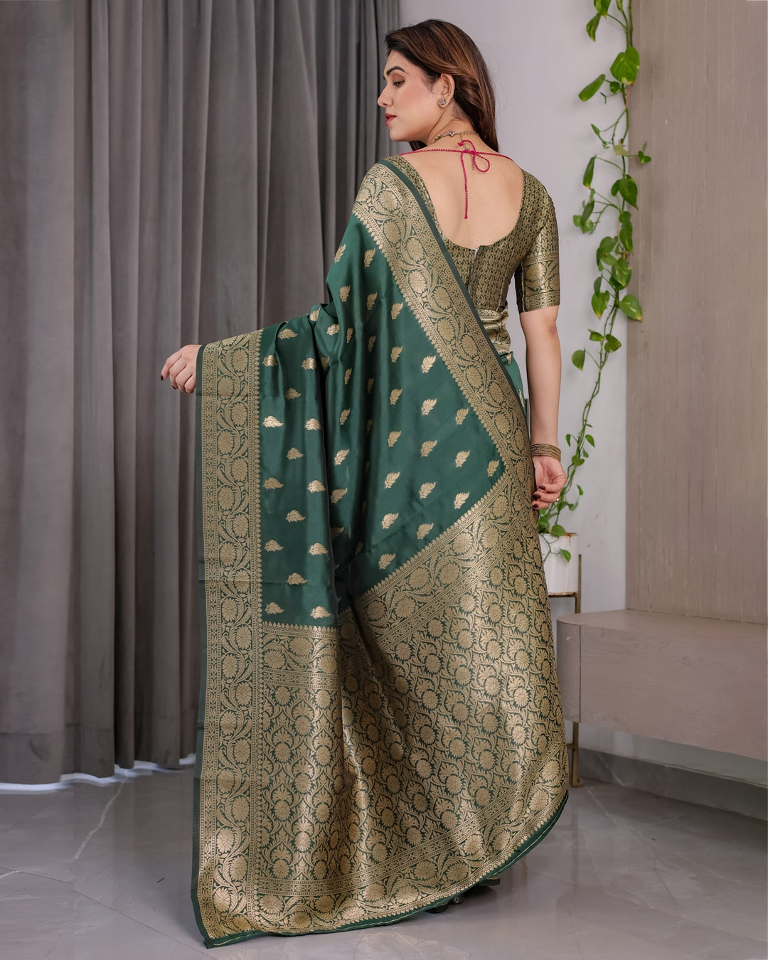 reen Banarasi Soft Silk Saree with Floral Zari Borders for Women