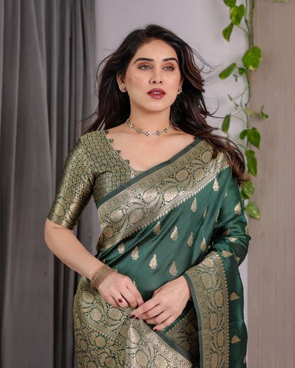 reen Banarasi Soft Silk Saree with Floral Zari Borders for Women