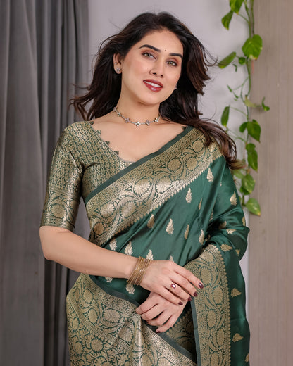 reen Banarasi Soft Silk Saree with Floral Zari Borders for Women