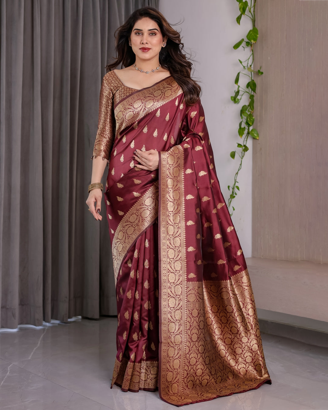 Maroon Banarasi Silk Saree With Floral Jacquard Zari Border for Women