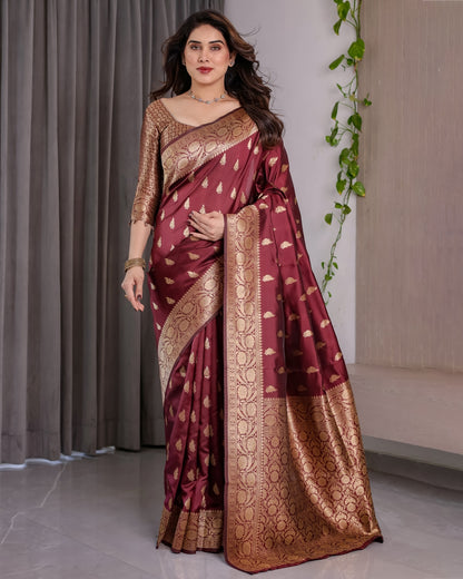 Maroon Banarasi Silk Saree With Floral Jacquard Zari Border for Women