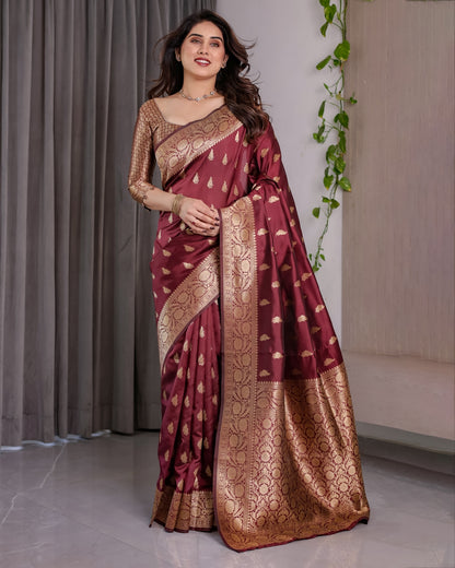 Maroon Banarasi Silk Saree With Floral Jacquard Zari Border for Women