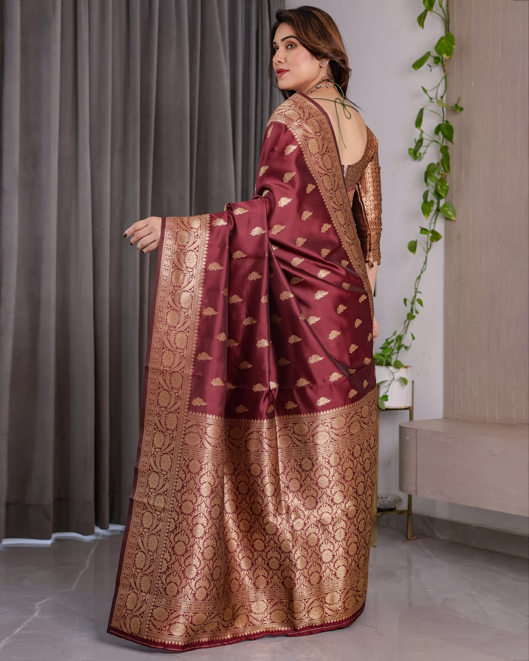 Maroon Banarasi Silk Saree With Floral Jacquard Zari Border for Women