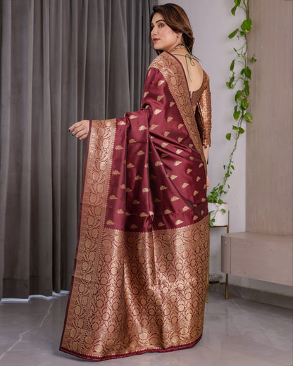 Maroon Banarasi Silk Saree With Floral Jacquard Zari Border for Women