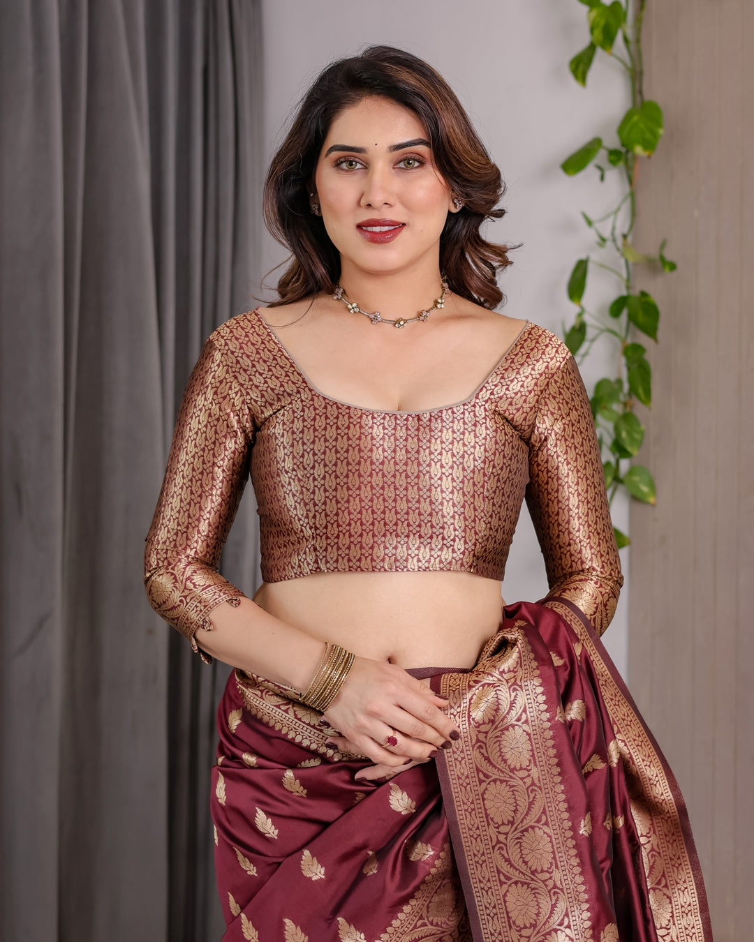 Maroon Banarasi Silk Saree With Floral Jacquard Zari Border for Women