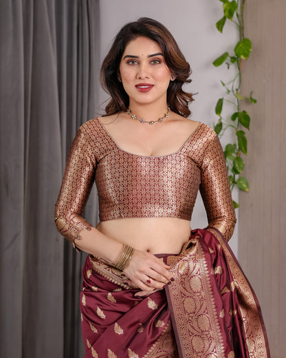 Maroon Banarasi Silk Saree With Floral Jacquard Zari Border for Women