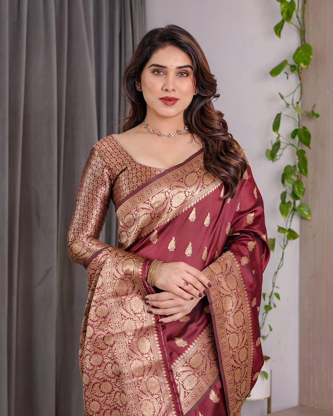 Maroon Banarasi Silk Saree With Floral Jacquard Zari Border for Women