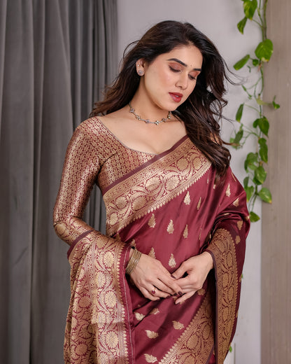 Maroon Banarasi Silk Saree With Floral Jacquard Zari Border for Women
