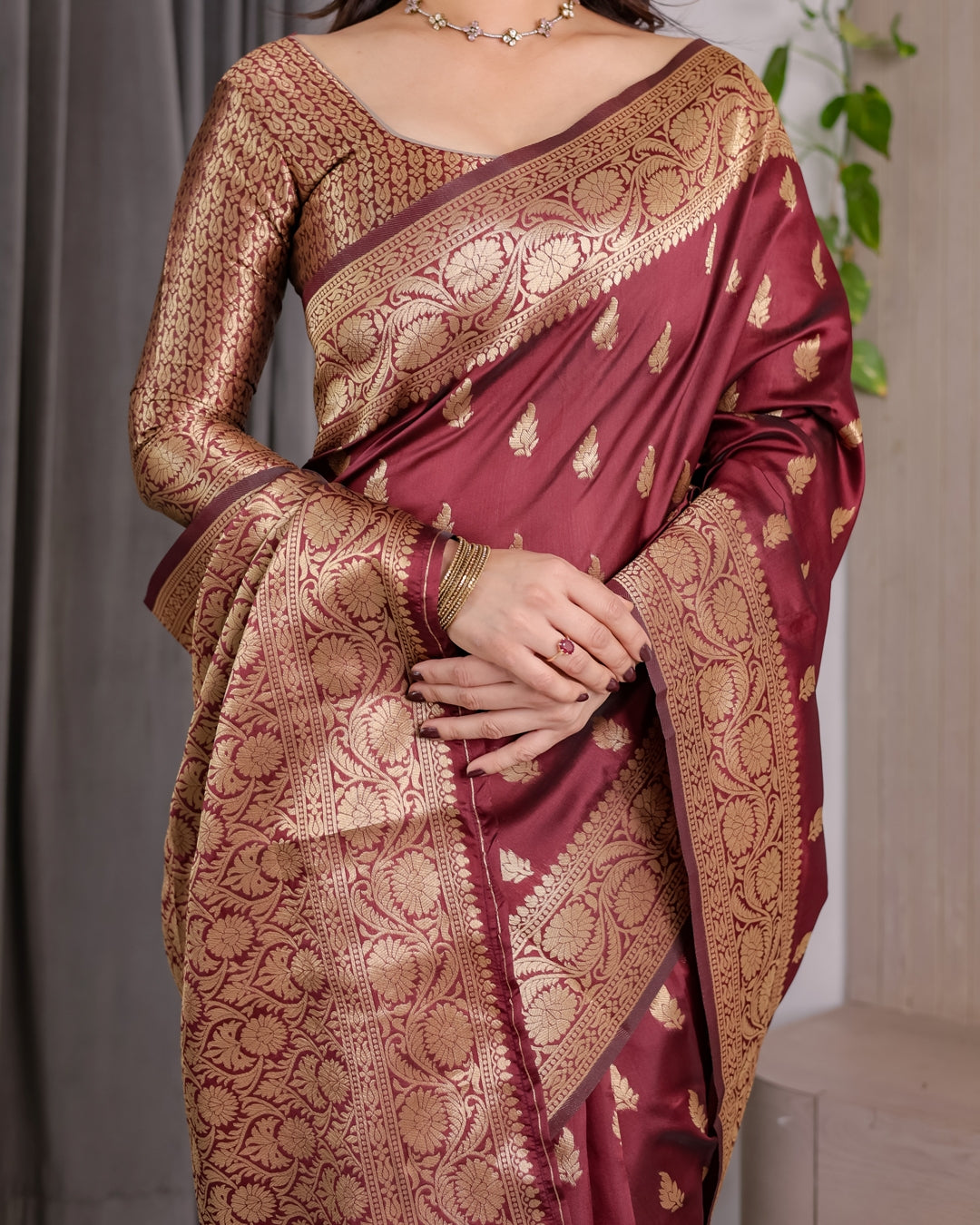 Maroon Banarasi Silk Saree With Floral Jacquard Zari Border for Women