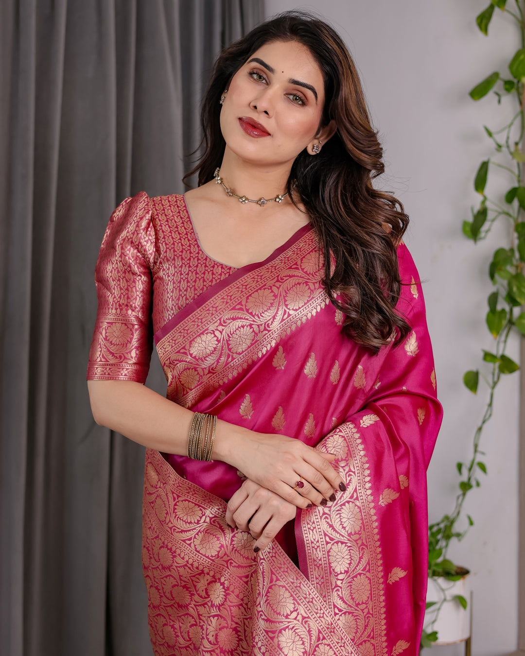 Pink Banarasi Soft Silk Saree With Rich Golden Zari Borders for Women