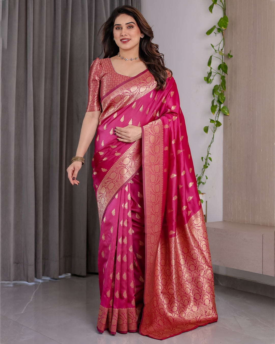 Pink Banarasi Soft Silk Saree With Rich Golden Zari Borders for Women