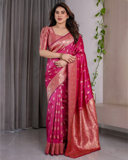 Pink Banarasi Soft Silk Saree With Rich Golden Zari Borders for Women