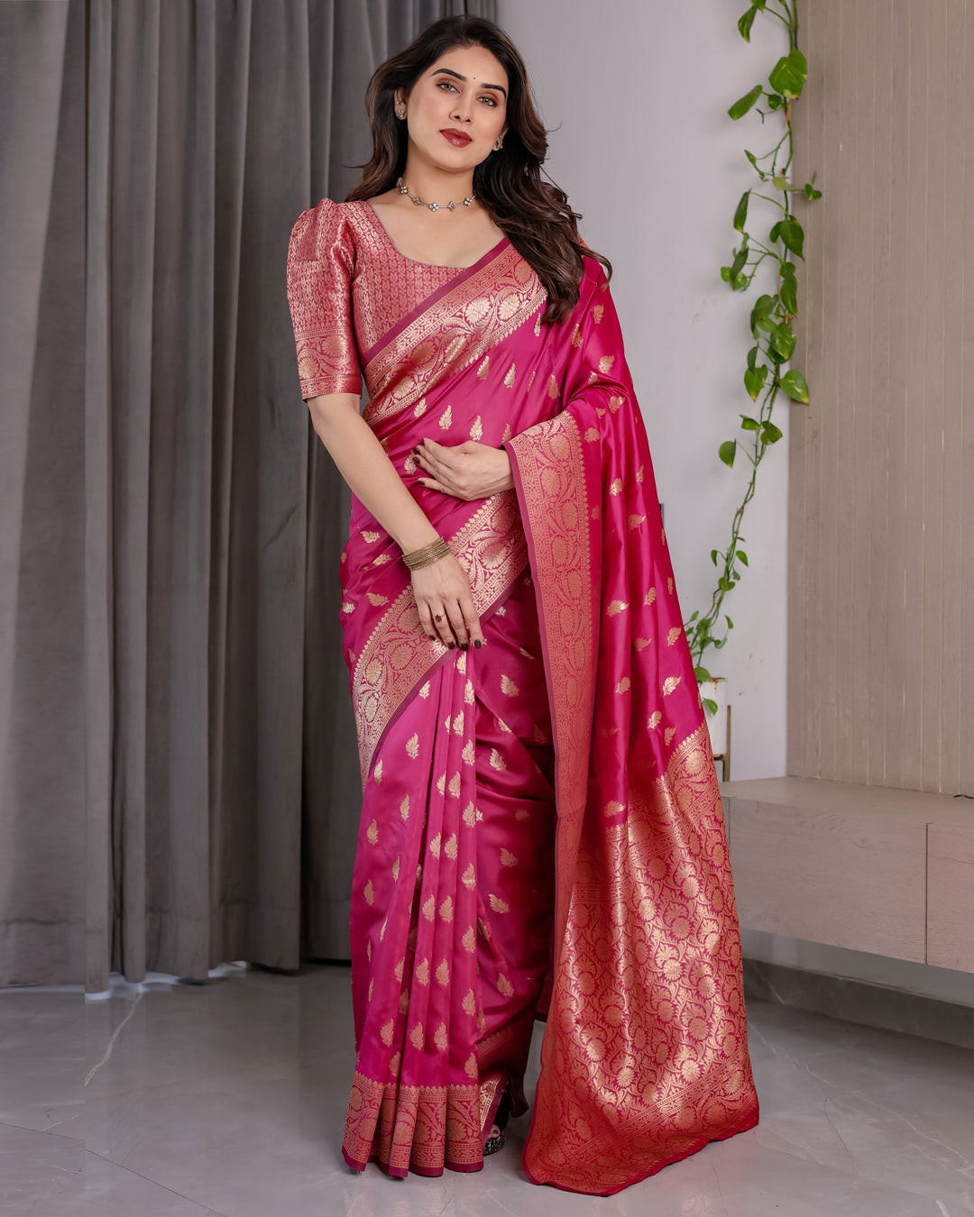 Pink Banarasi Soft Silk Saree With Rich Golden Zari Borders for Women