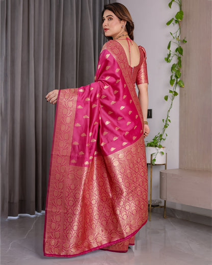 Pink Banarasi Soft Silk Saree With Rich Golden Zari Borders for Women