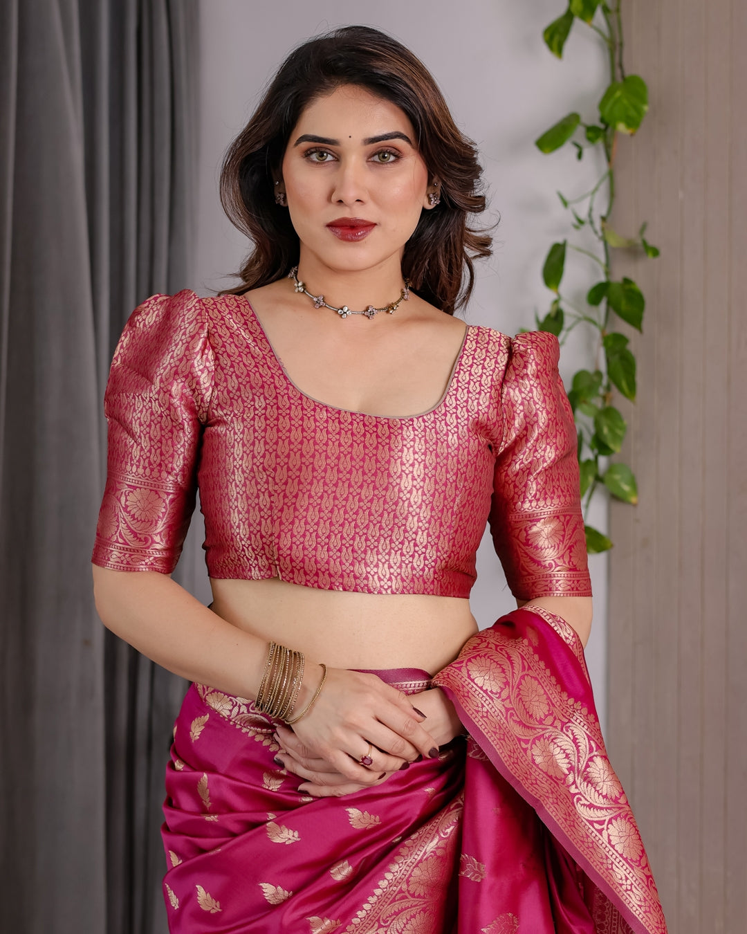 Pink Banarasi Soft Silk Saree With Rich Golden Zari Borders for Women