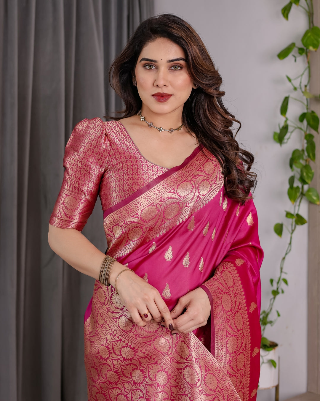 Pink Banarasi Soft Silk Saree With Rich Golden Zari Borders for Women