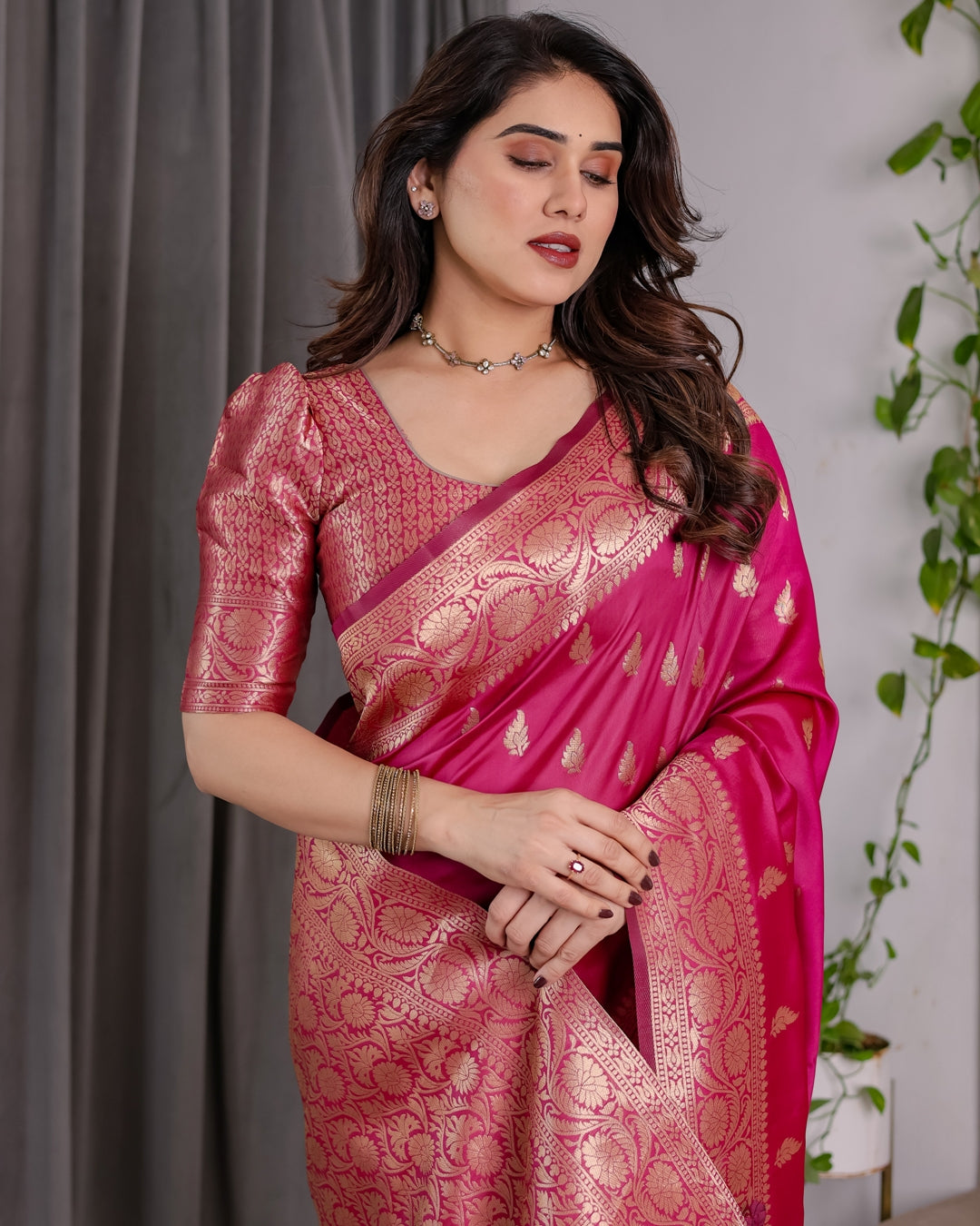 Pink Banarasi Soft Silk Saree With Rich Golden Zari Borders for Women