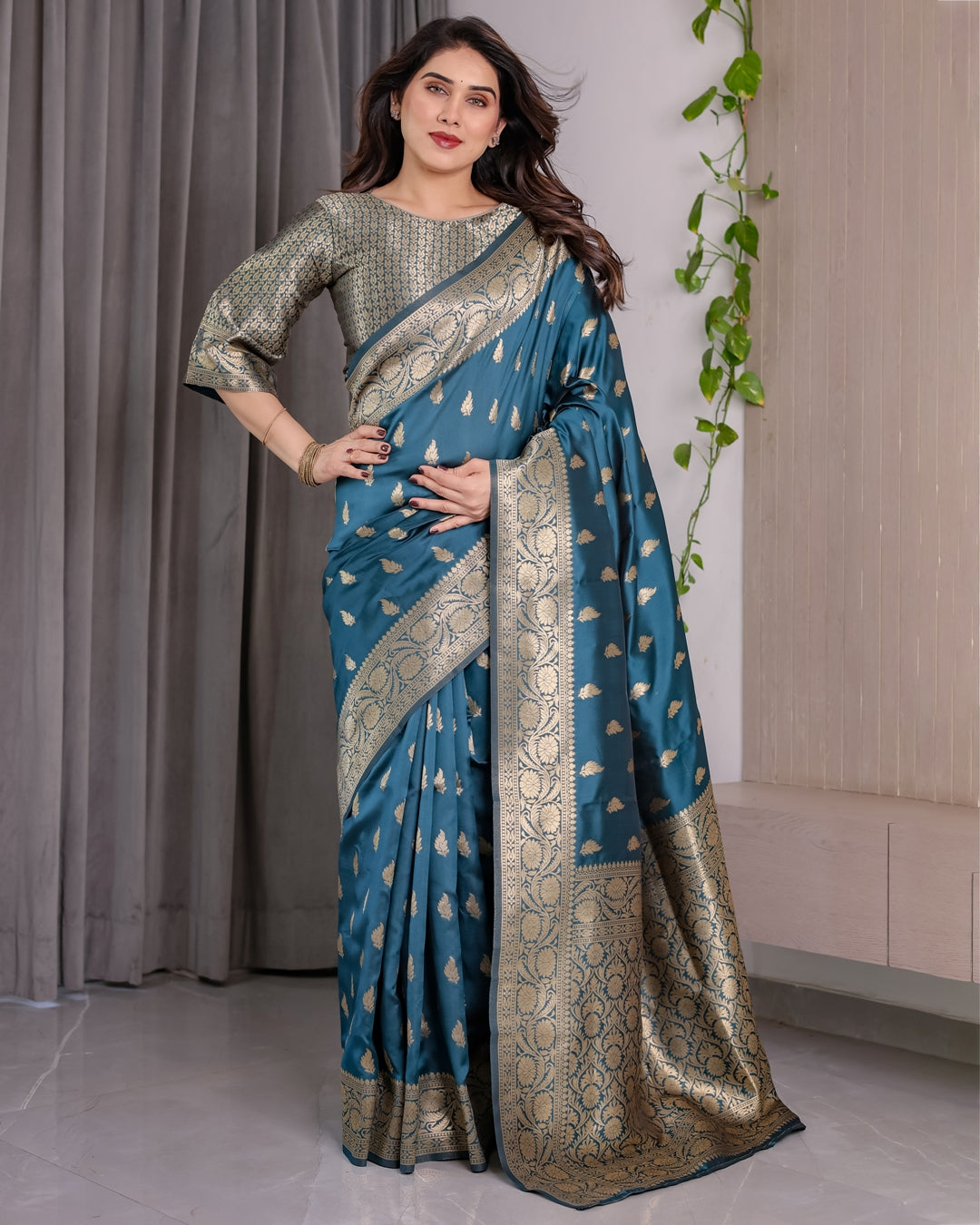 Teal Blue Banarasi Soft Silk Saree With Golden Zari Borders 2