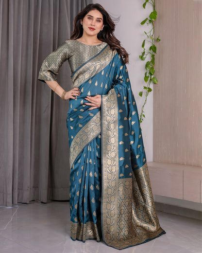 Teal Blue Banarasi Soft Silk Saree With Golden Zari Borders 2