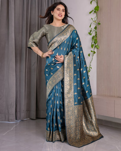 Teal Blue Banarasi Soft Silk Saree With Golden Zari Borders 2