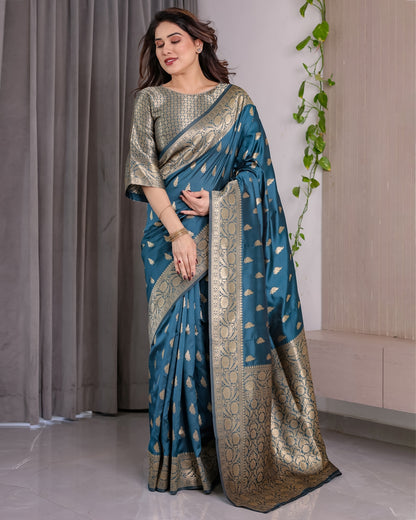 Teal Blue Banarasi Soft Silk Saree With Golden Zari Borders 2