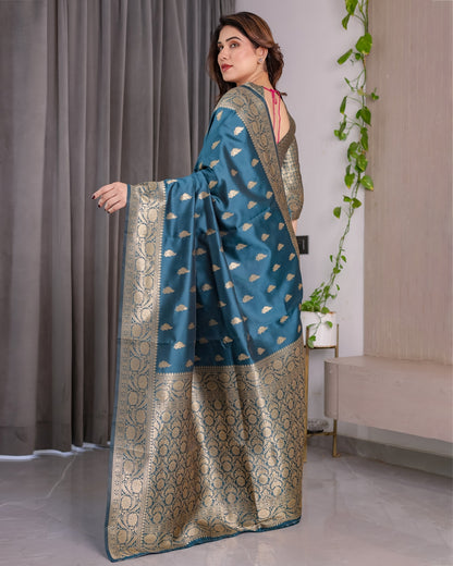 Teal Blue Banarasi Soft Silk Saree With Golden Zari Borders 2