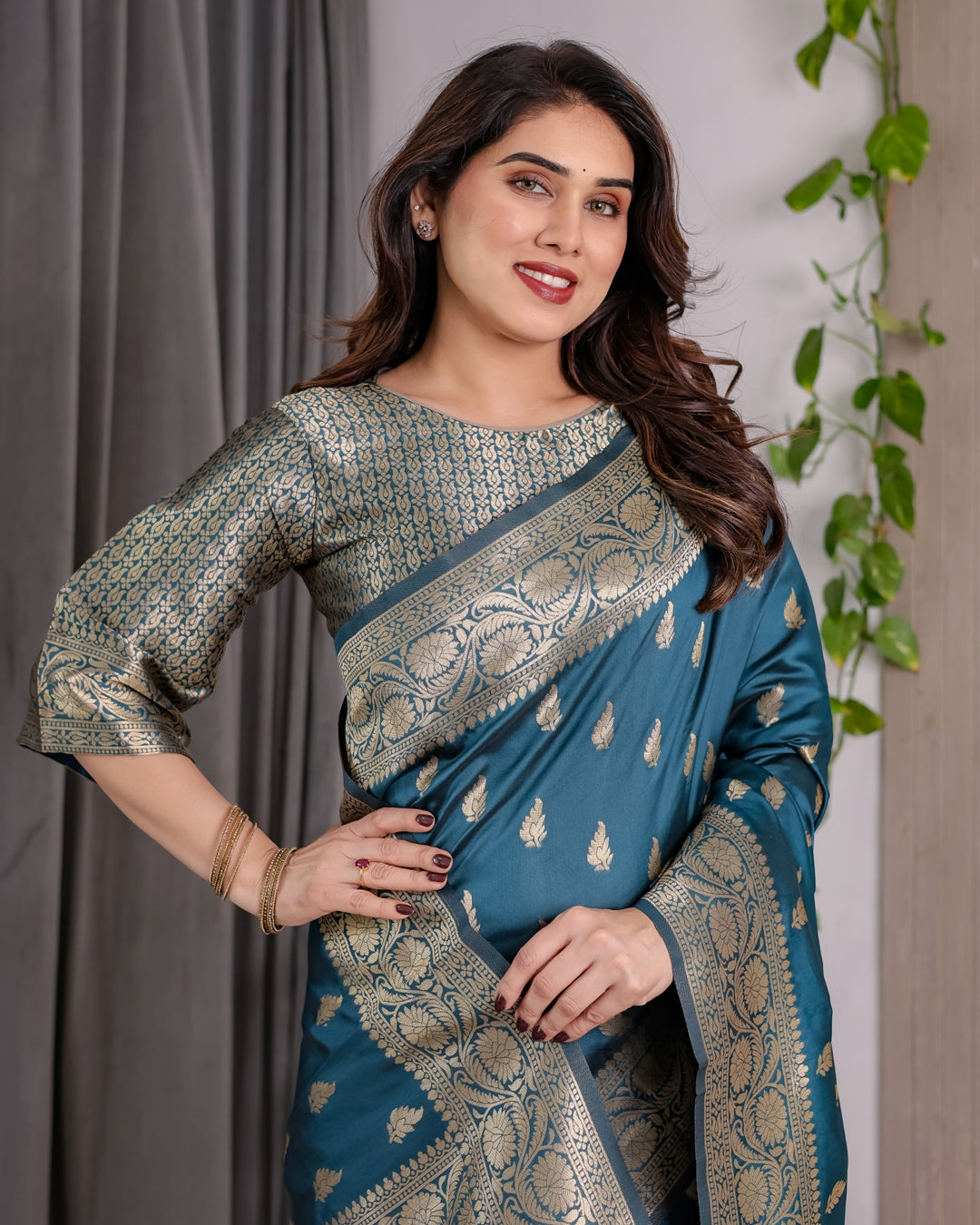 Teal Blue Banarasi Soft Silk Saree With Golden Zari Borders 2