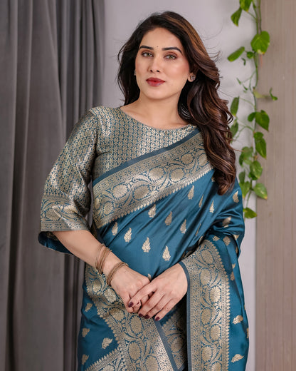 Teal Blue Banarasi Soft Silk Saree With Golden Zari Borders 2