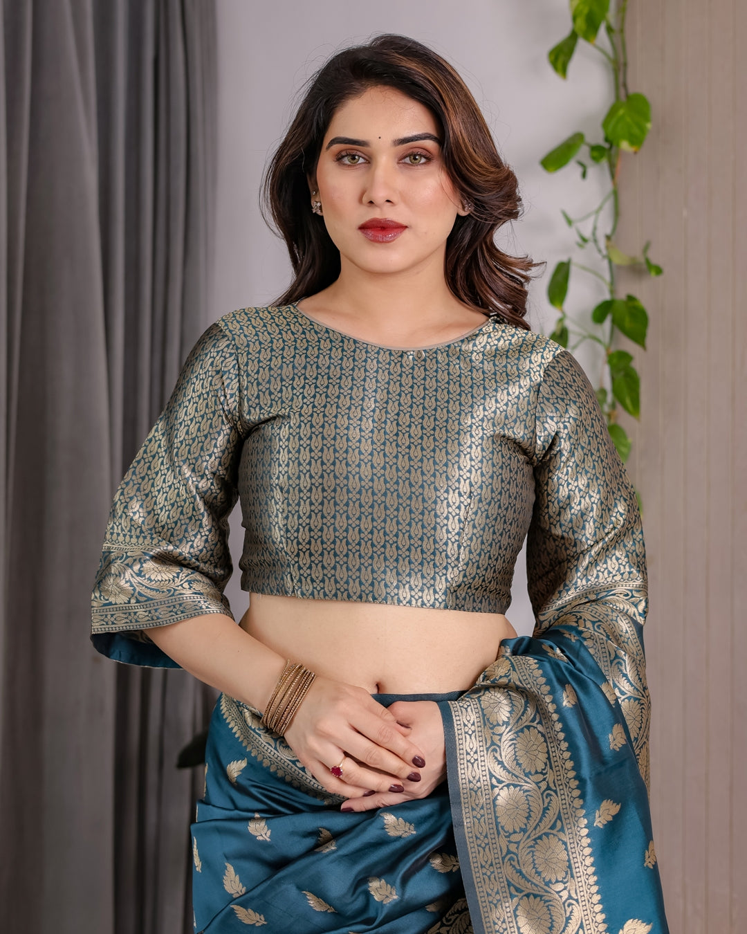Teal Blue Banarasi Soft Silk Saree With Golden Zari Borders 2