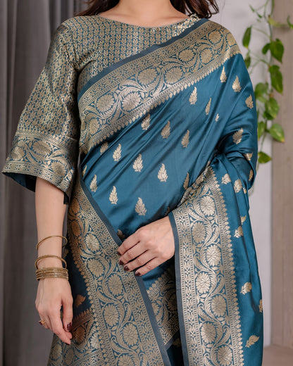 Teal Blue Banarasi Soft Silk Saree With Golden Zari Borders 2