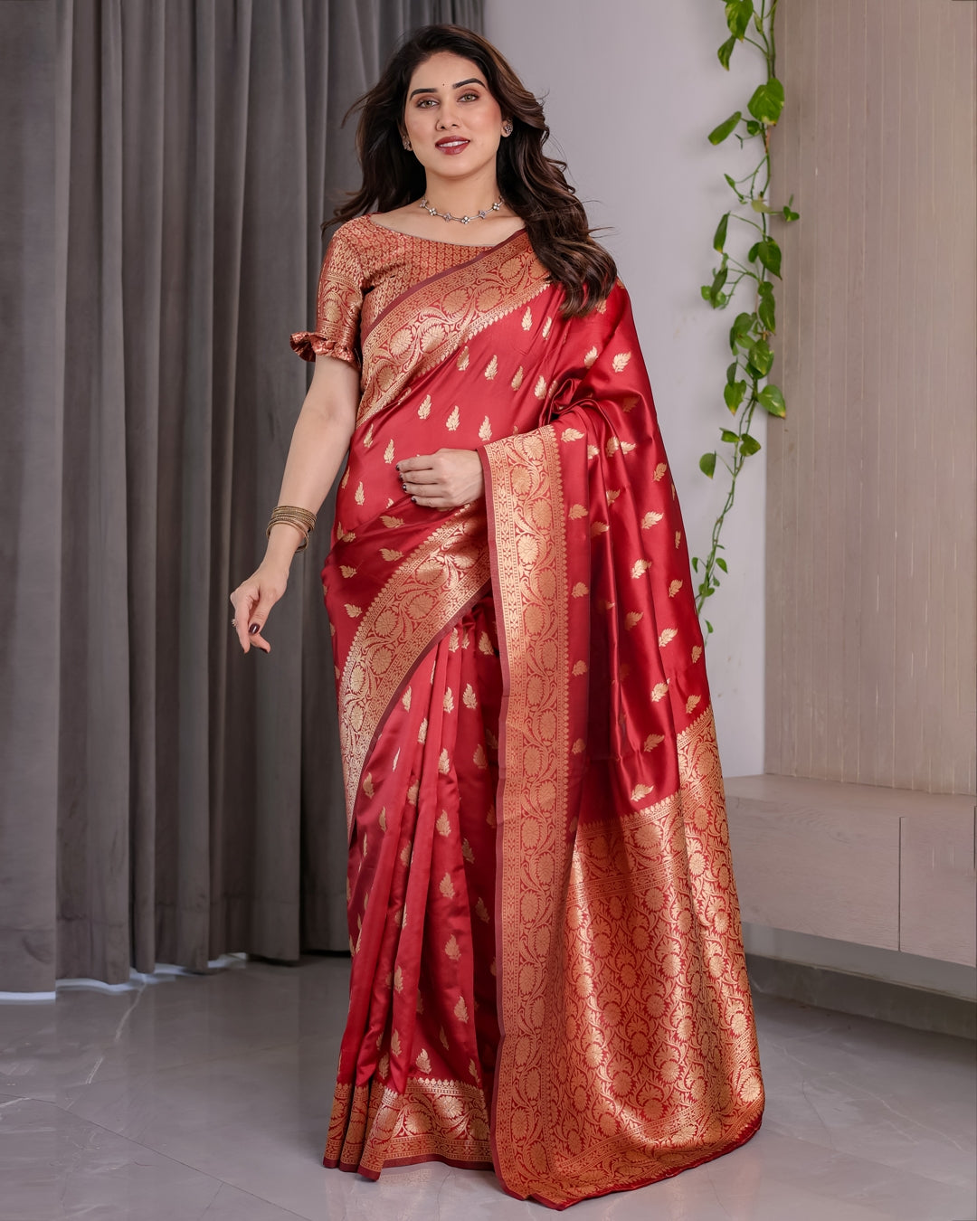 Red Banarasi Soft Silk Saree With Golden Zari Floral Border 2