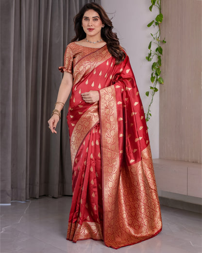 Red Banarasi Soft Silk Saree With Golden Zari Floral Border 2