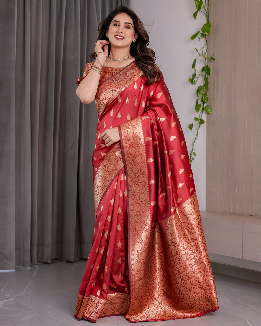 Red Banarasi Soft Silk Saree With Golden Zari Floral Border 2