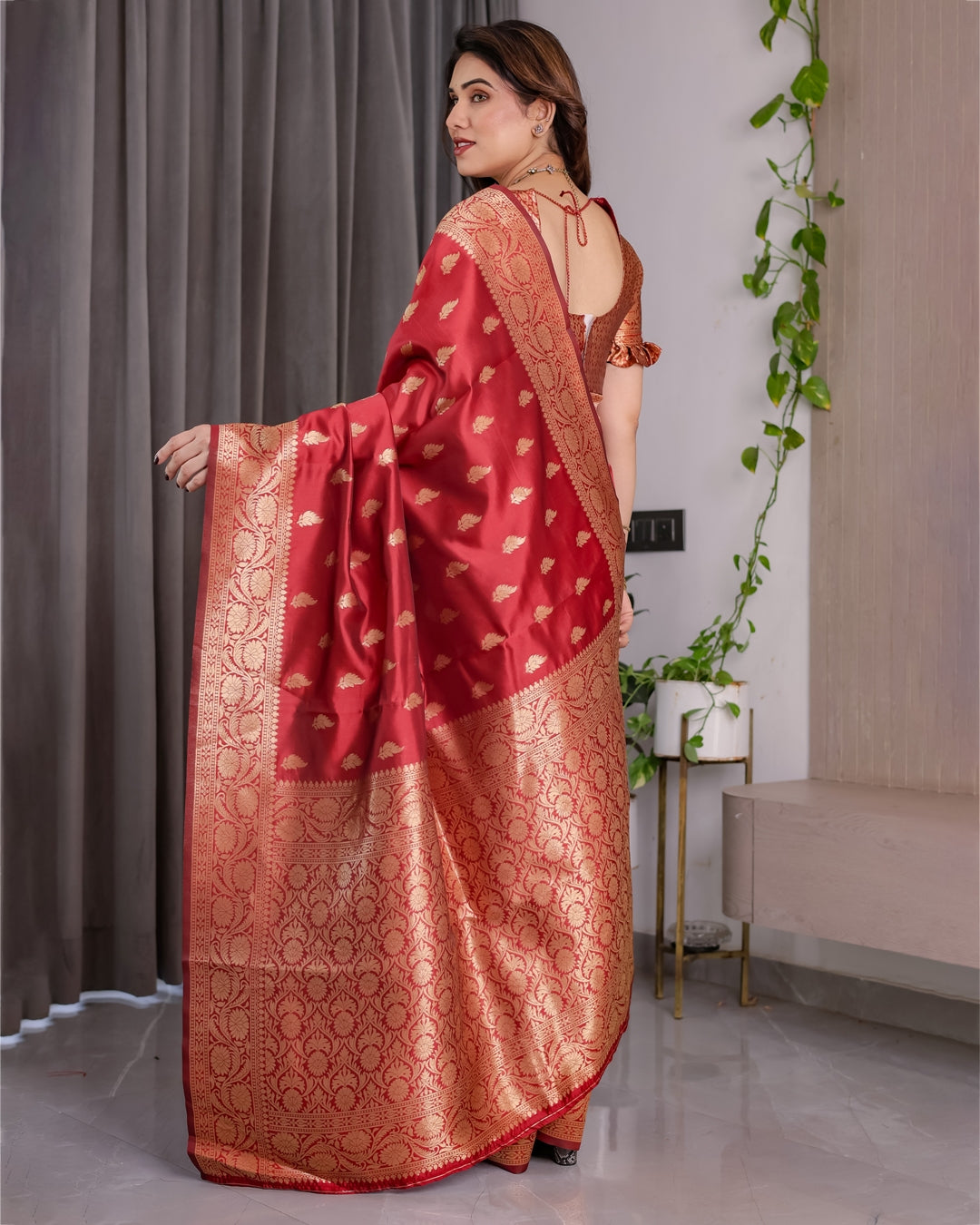 Red Banarasi Soft Silk Saree With Golden Zari Floral Border 2