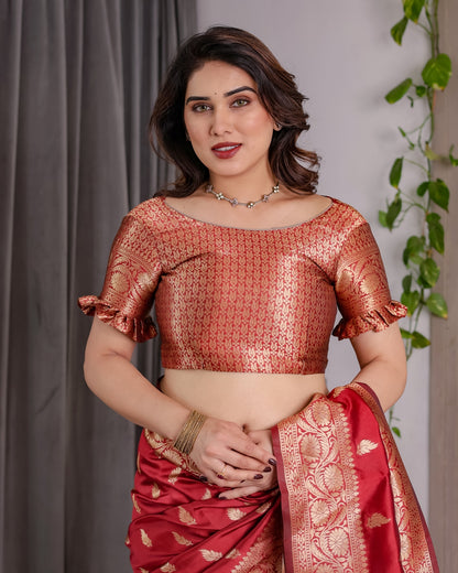 Red Banarasi Soft Silk Saree With Golden Zari Floral Border 2