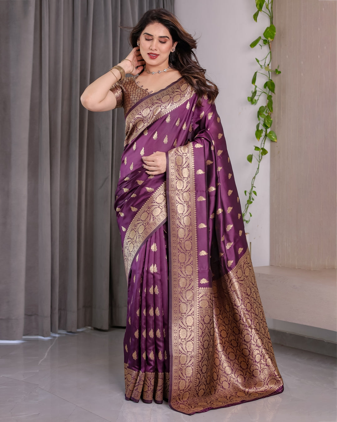 Purple Banarasi Soft Silk Saree With Golden Zari Border for Women