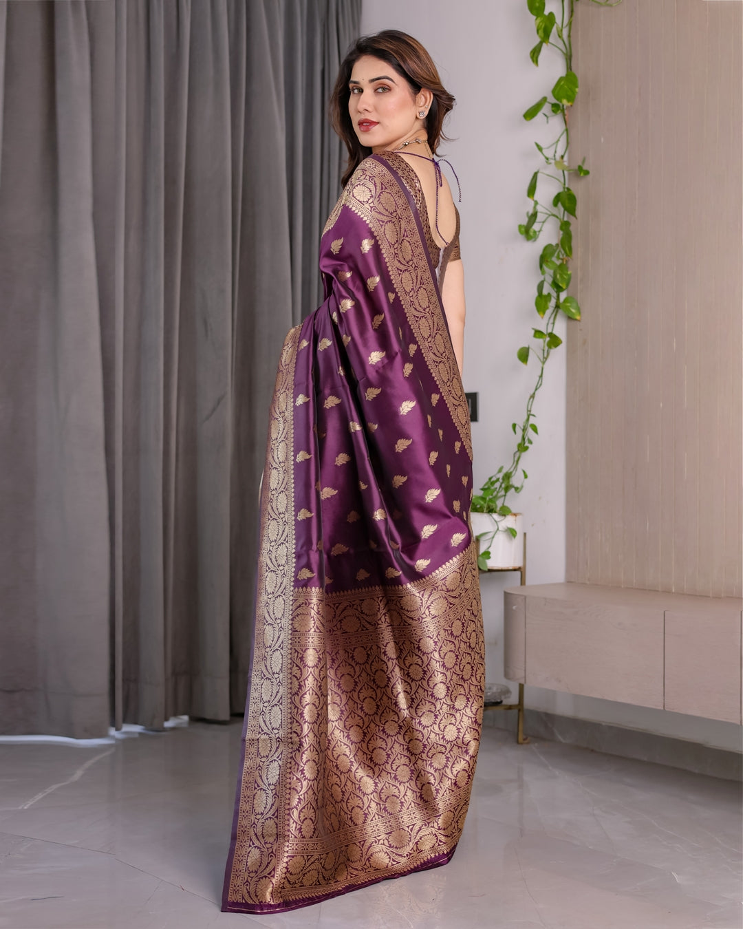 Purple Banarasi Soft Silk Saree With Golden Zari Border for Women