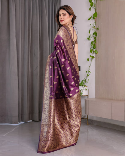 Purple Banarasi Soft Silk Saree With Golden Zari Border for Women