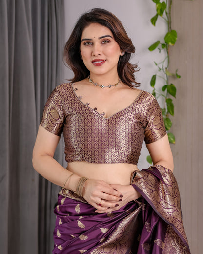 Purple Banarasi Soft Silk Saree With Golden Zari Border for Women